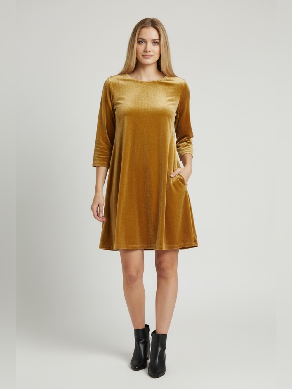 Agnes & Dora Velvet Long Sleeve Shift Dress in Gold Mustard Yellow